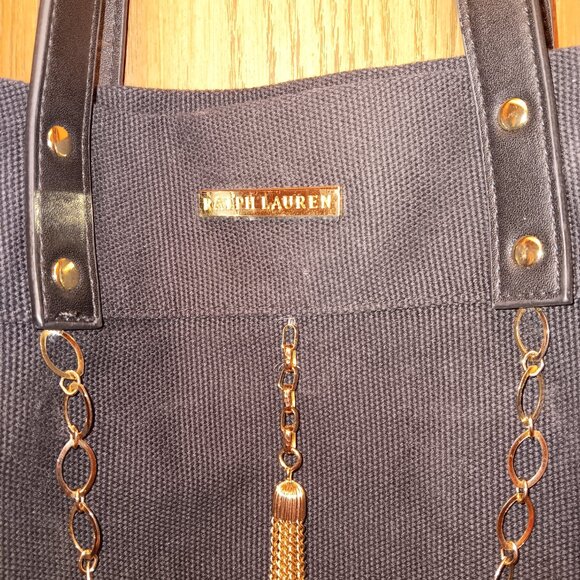 Ralph Lauren Fragrances chain tassel cotton canvas XL shoulder tote purse - Picture 4 of 12
